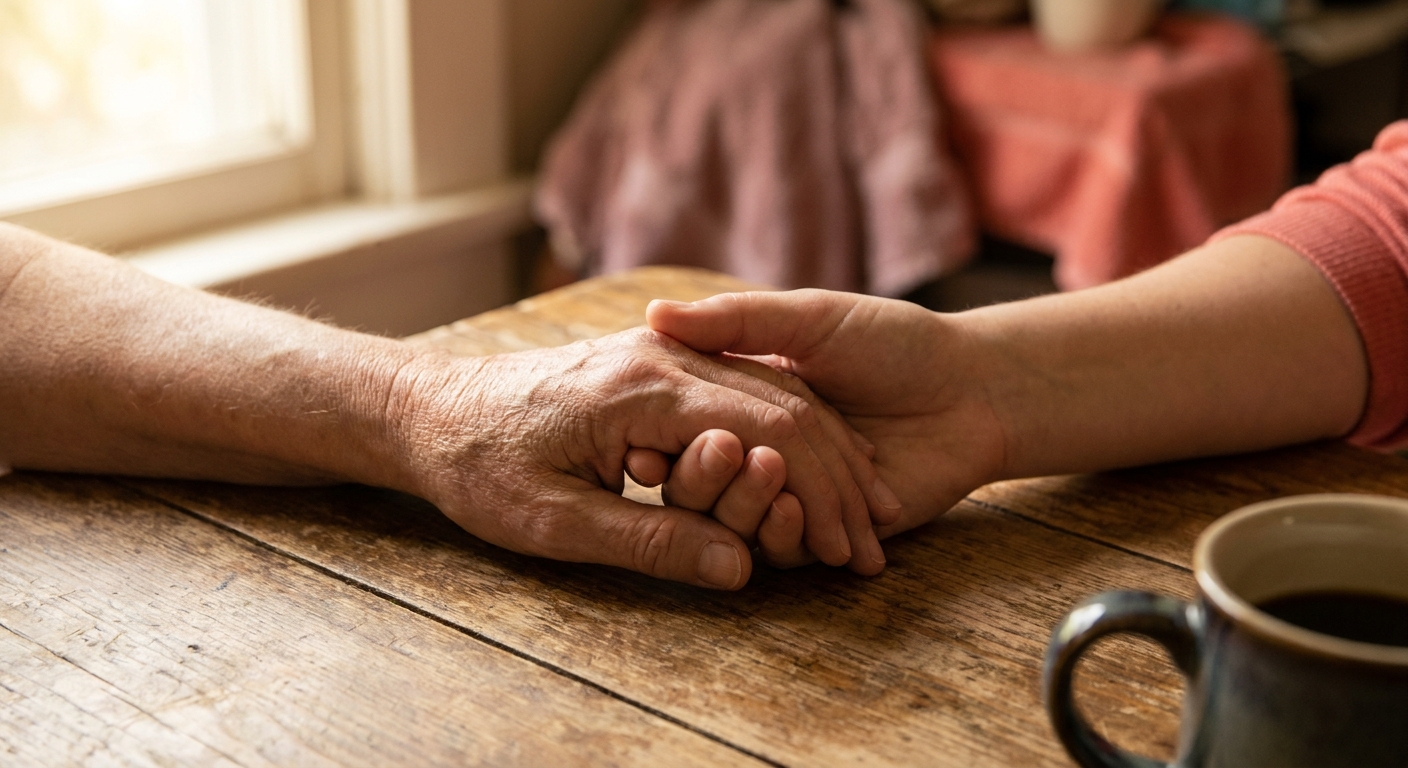 Two hands clasped together on a kitchen table in supportive gesture, representing family connection during addiction recovery