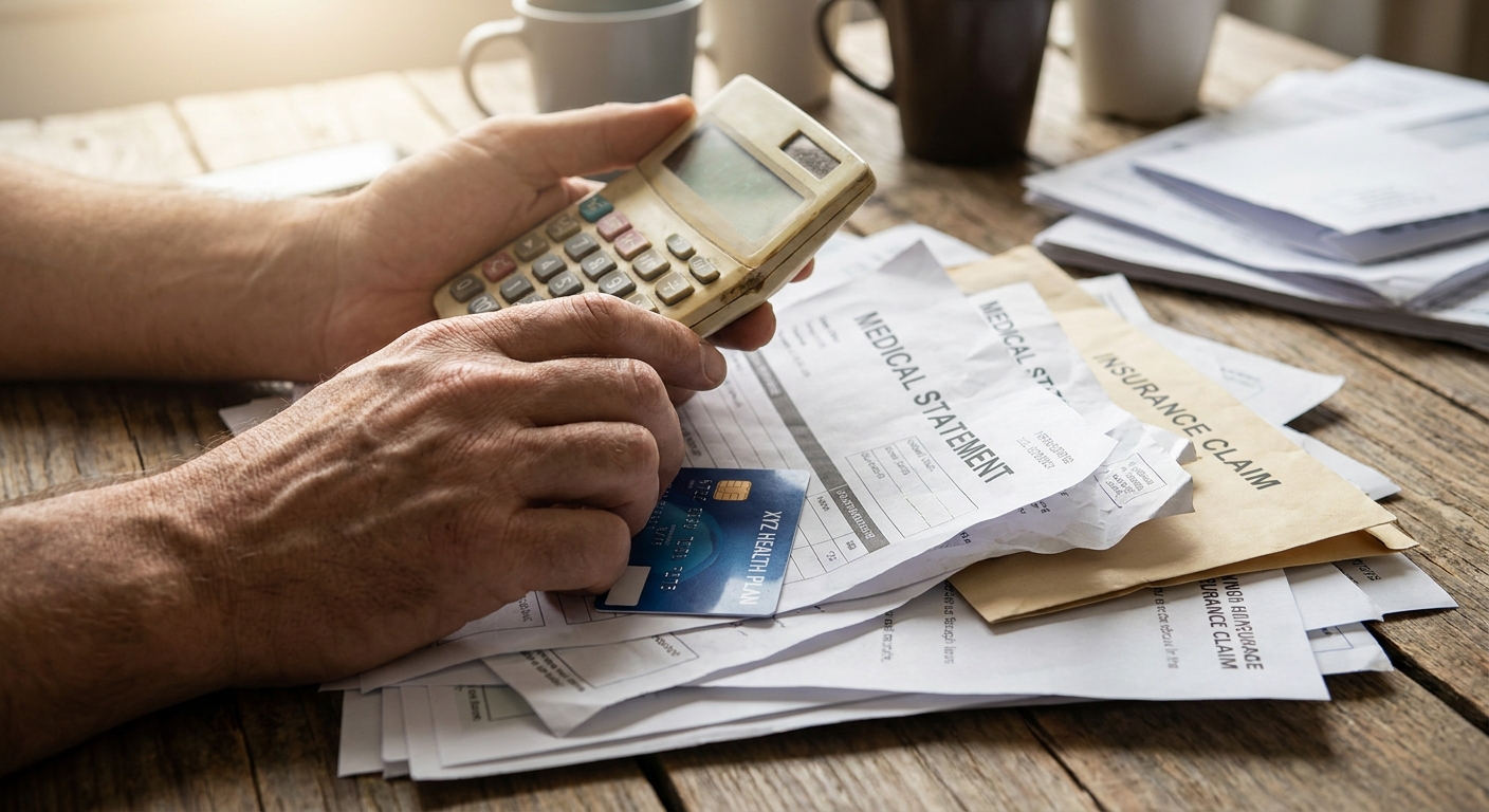 Person reviewing medical bills and insurance documents with calculator while researching rehab costs