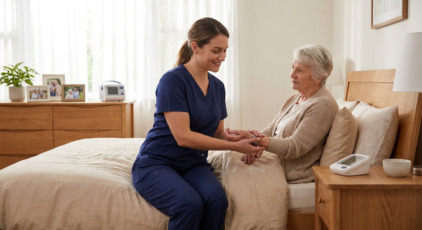 Nurse providing compassionate medical monitoring to patient during supervised detox in comfortable residential setting