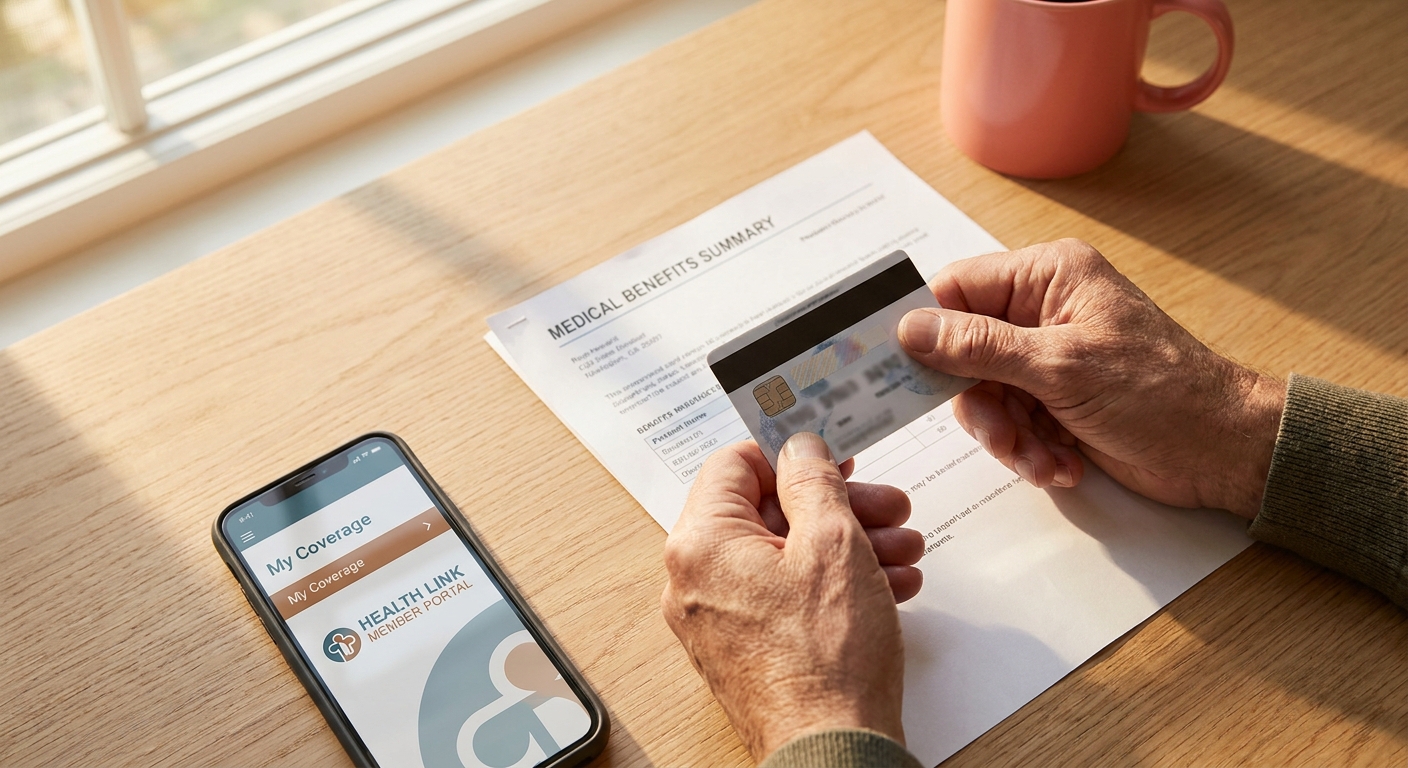 Hands holding insurance card and benefits paperwork on table with smartphone, preparing to verify alcohol rehab coverage